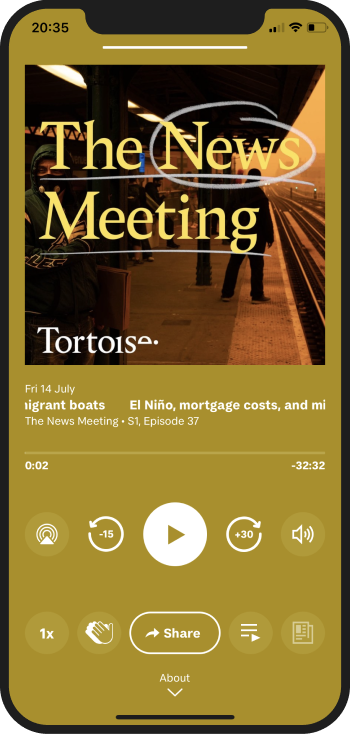 Example screens from Tortoise Media's podcast app