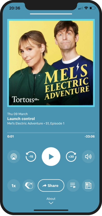 Example screens from Tortoise Media's podcast app