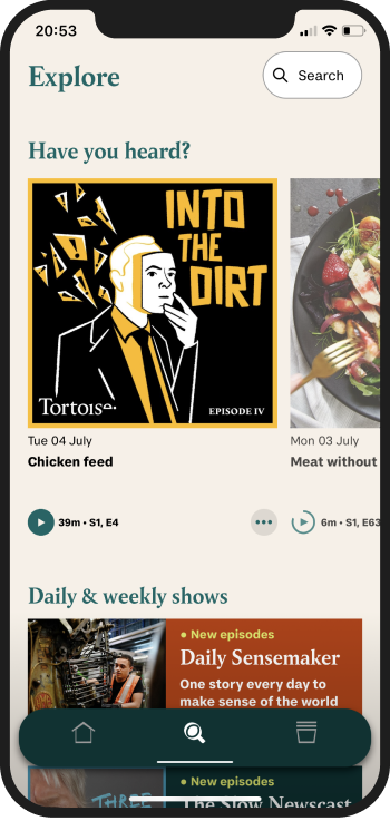 Example screens from Tortoise Media's podcast app