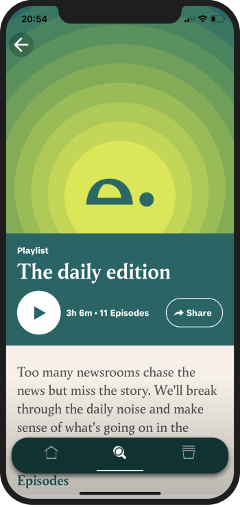 Example screens from Tortoise Media's podcast app