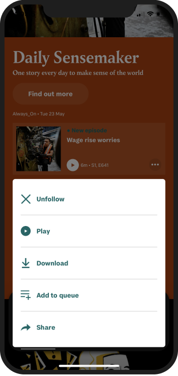 Example screens from Tortoise Media's podcast app