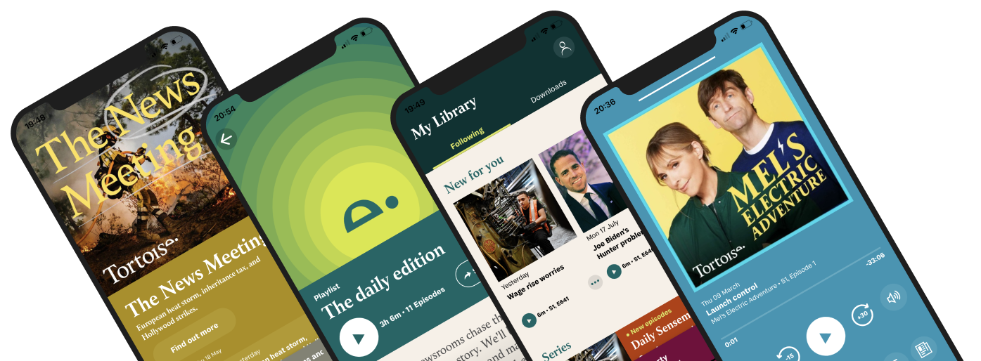 Example screens from Tortoise Media's podcast app