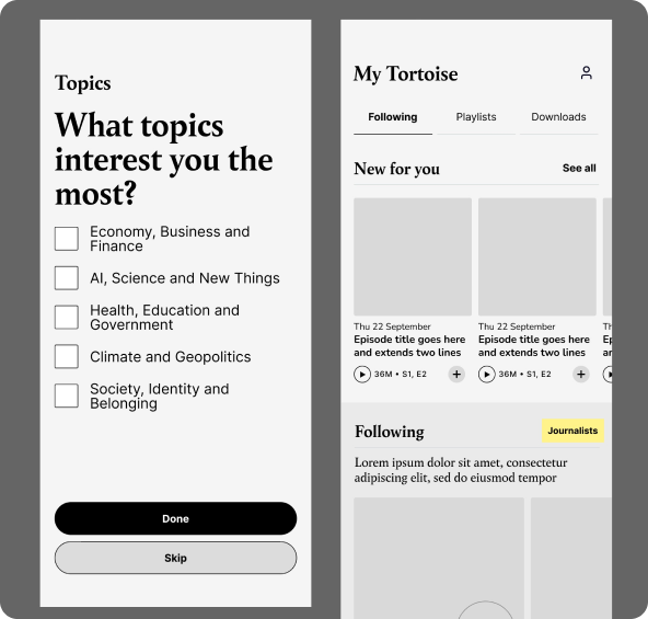 Wireframes for Tortoise Media's podcast app